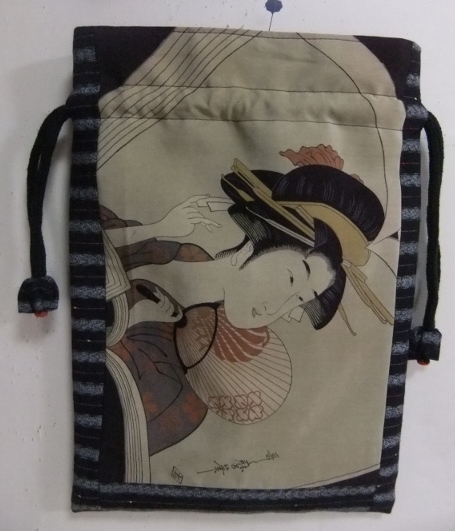 着物リメイク 羽織裏と唐桟縞の着物で作った巾着袋 1522
